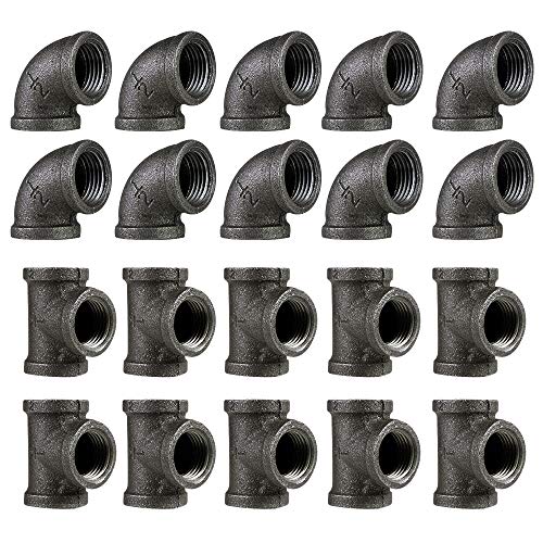 1/2" Malleable Cast Iron Elbow Tee Combo Pack(10 Pipe Elbows, 10 Pipe Tees)20 Pack,Threaded Pipe, 90 Degree Pipe Elbow Tee Black Pipe Fittings for Steampunk Furniture Projects.