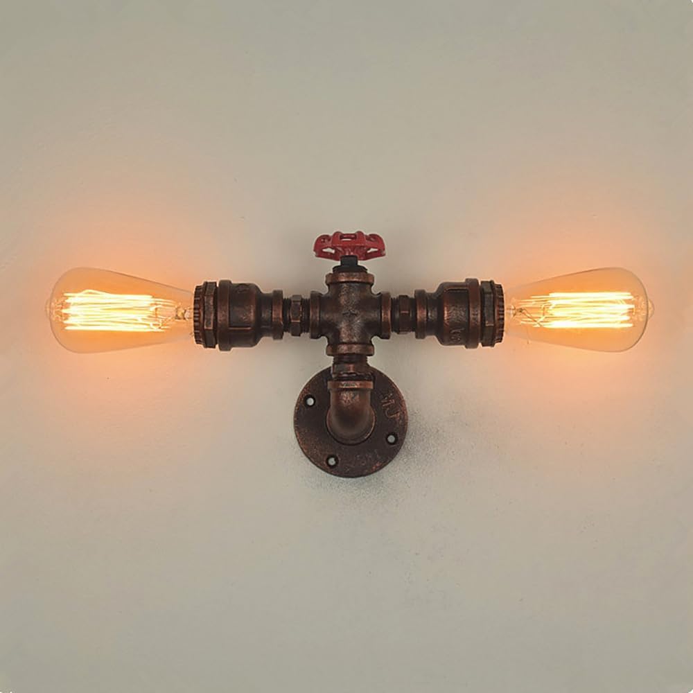 Appliques murales Tuyau d'Eau Industriel en Metal Lampe murale Rétro Rouge rouille Style Double Tête Creative Eclairage Decoratif pour Cuisine Salon Chambre à Coucher