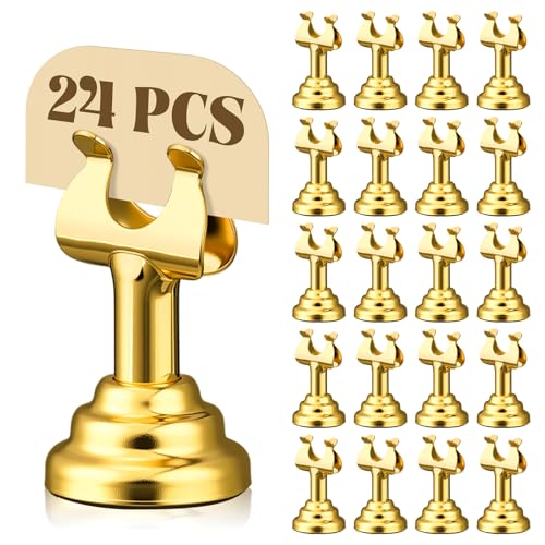 Image of 24 Pcs Gold Table Number Holders Metal 1.8 in Place Card Holders | Harp Clip Place Cards Stands for Wedding Restaurant Birthday, Name Card Photo Memo Menu Sign, Bulk Mini Metal Design