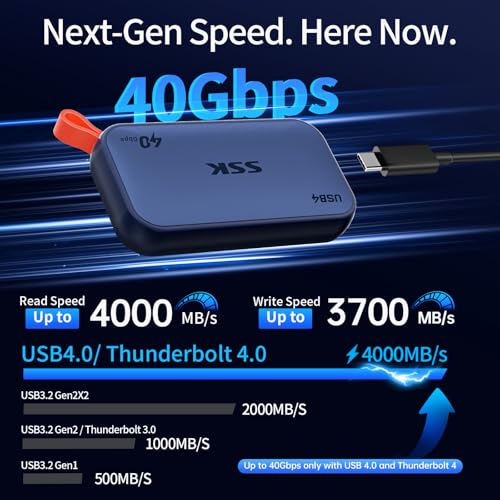 SSK 2TB SSD External Hard Drive up to 4000MB/s, USB4 40Gbps Portable SSD for Thunderbolt 4, External Solid State Drive for iPhone 15/16/17 Pro, Desktop, Laptop, Mac, Phone OTG, with LED Indicator