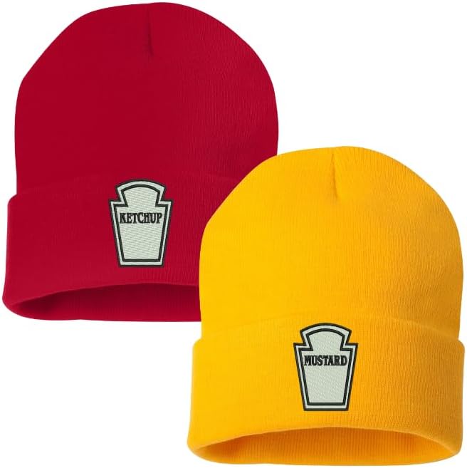 Beanie Hat Ketchup and Mustard Embroidered Warm Skullies Halloween Set