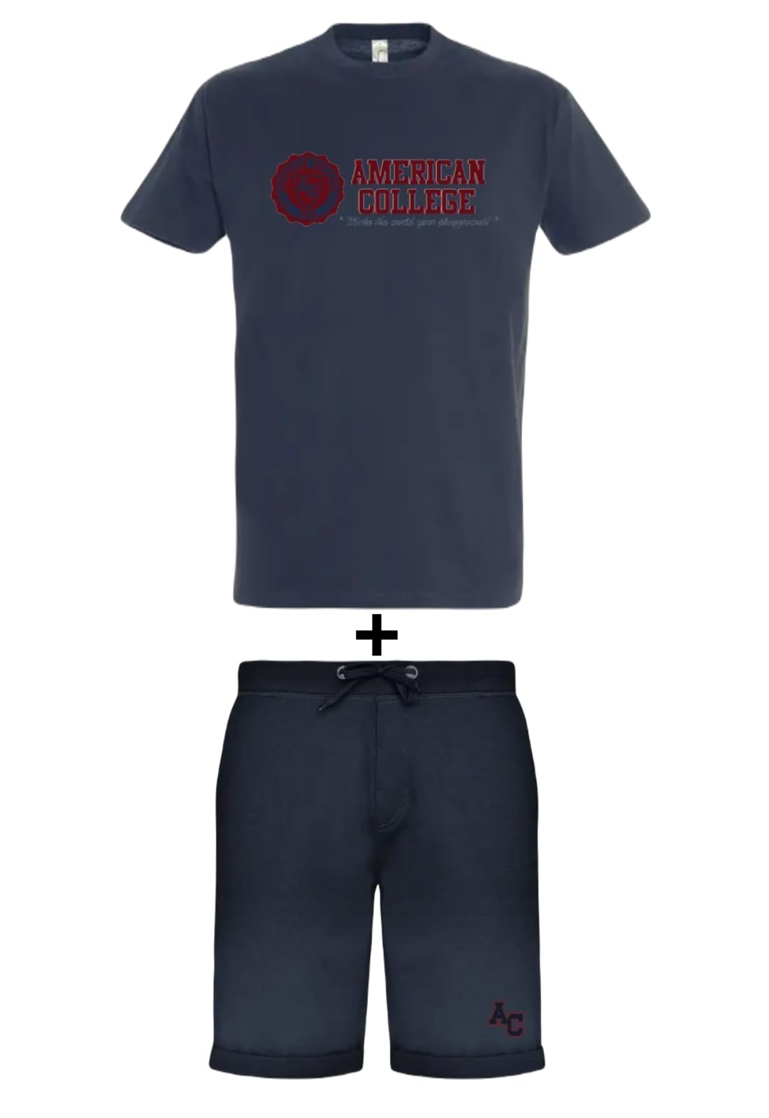 AMERICAN COLLEGE USA, 2 Teiliges Set, Herren, Damen, T-Shirt + Bermuda, Casual, Sportlich, Kleidung, Erwachsene, Unisex, Manner, Frauen, Modell ACEN231 Marineblau, M