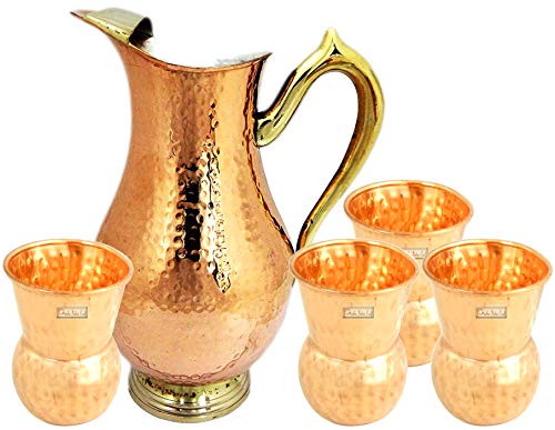 Prisha India Craft ® Copper Jug (Royal JUG 2000 ML / 67.63 oz) with Four Glass Drinkware Set of Jug and Glass – Copper Jug Glass Set – Tumbler Set – Diwali Gift