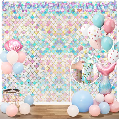 We1stdsee Mermaid Birthday Party Decoration Supplies Includes 1 Birthday Banner + 2 Tinsel Foil Fringe Curtains, Photo Booth Prop Backdrop for Kids Girls Mermaid Birthday Party Decorations