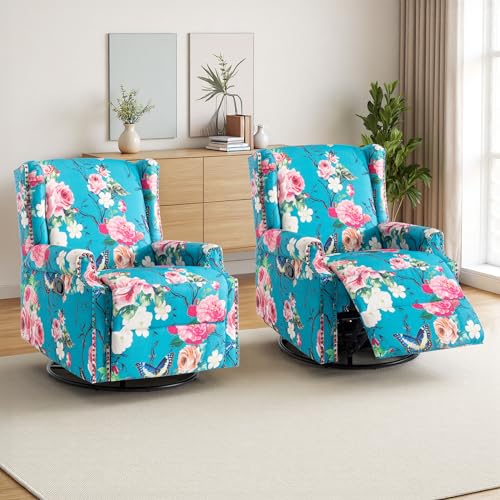 Image of Swivel Rocker Recliner Chairs Set of 2, 360 Swivel Wingback Recliner Chairs for Adults, Upholstered Printed Fabric Glider Rocking Chair with High Back, Deep Seat for Living Romm Bedroom, Peacock Blue