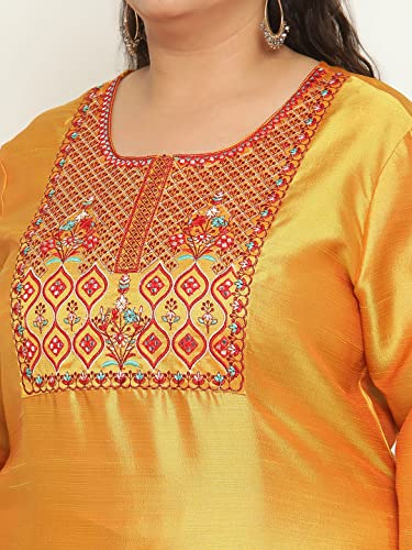 Image of Sringam Mustard Solid Plus Size Embroidered Kurta with Trouser /Bottom
