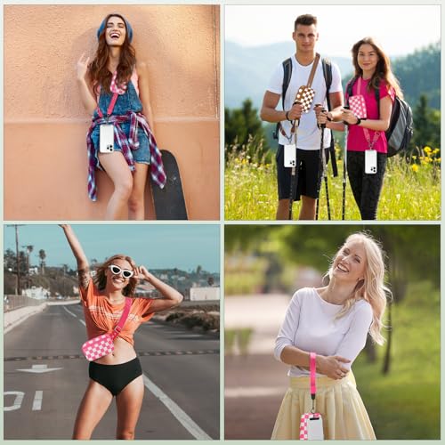 Image of YFWE Clip and Go Strap for Phone with Wallet Crossbody, Adjustable Phone Lanyard with Detachable RFID Wristlet Wallet, Phone Strap with Phone Tabs for All Phones, Pink Checkered (M)
