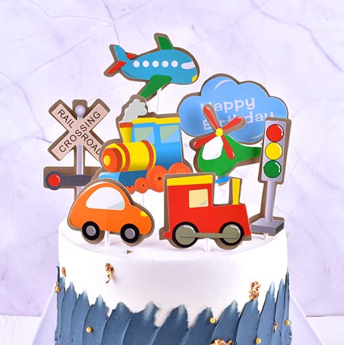 DGBJ 8pcs Car Train Airplane Traffic Light Birthday Party Cake Topper Decoration Flag, Multicoloured, 24×18×0.4cm
