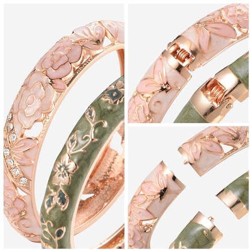 UJOY Vintage Cloisonne Jewelry Handcrafted Bracelets Gorgeous Enameled Flower Gold Plated Cuff Bangles Gifts 88A4