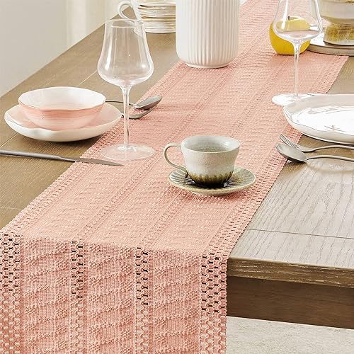 Image of ZeeMart Macrame Style Boho Table Runner, Pink Table Runners 90 Inches Long, Farmhouse Woven Home Decor, 12x90 Inch, Rose Pink
