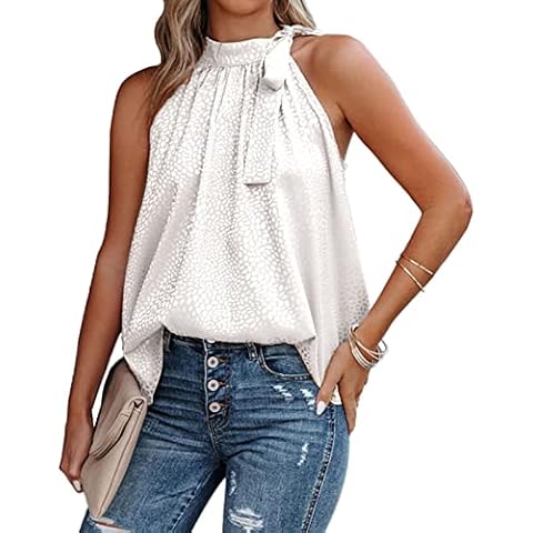ABINGOO Women's Halter Neck Tank Tops Satin Sleeveless Shirt Summer Casual Camisole Vest Tops(White,XL) Cover