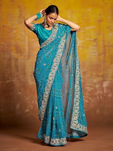 Image of Satrani Women'S Georgette Embroidery Bandhani Printed Saree With Unstitched Blouse Piece