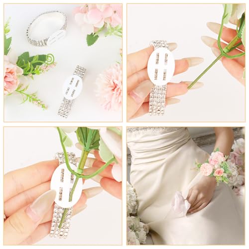 6 Packs Wrist Corsage Bracelets Elastic Corsage Wristlet Band, Rhinestone Wrist Corsage Bands Accessories for Wedding Party Prom Wrist DIY Handmade Silver Corsage Supplies4