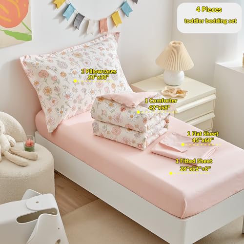 Image of DuShow Floral 4 Piece Girls Toddler Bed Comforter Set Pink Flower Reversible Toddler Bedding Set Soft Baby Crib Bed Sheets Set in a Bag | Include Quilt Comforter,Flat Sheet,Fitted Sheet,Pillowcase