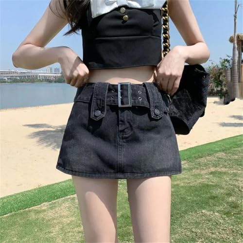 Women's High Waist Summer Denim Mini Skirt Wide Waistband Washed Denim Skirt2