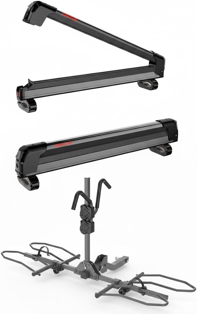 All-Season Carrier Bundle: 160lb E-Bike Hitch Rack & 27.5" Wide Ski Roof Rack