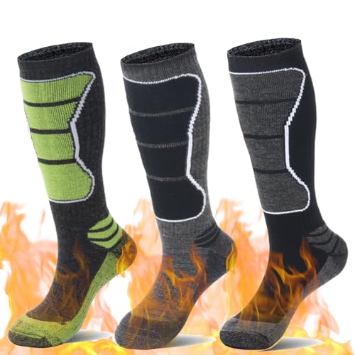 3 Pairs Mens Wool Skiing Socks, Thermal Snowboarding Over the Calf Warm Sock for Sports Hiking Hunting Outdoor