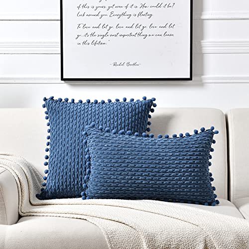 Fancy Homi Set Of 2 Dusty Blue Lumbar Decorative Throw Pillow Covers 12X20 Inch With Pom-Poms For Couch Bed Sofa, Farmhouse Boho Home Decor, Soft Plush Corduroy Cute Rectangle Cushion Case 30X50 Cm #TOP6