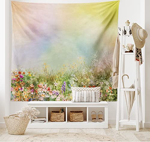 ABAKUHAUS Blumen Wandteppich und Tagesdecke, Frühlings-Blumen-Natur aus Weiches Mikrofaser Stoff Waschbar ohne Verblassen Digitaldruck, 230 x 140 cm,Grün Gelb
