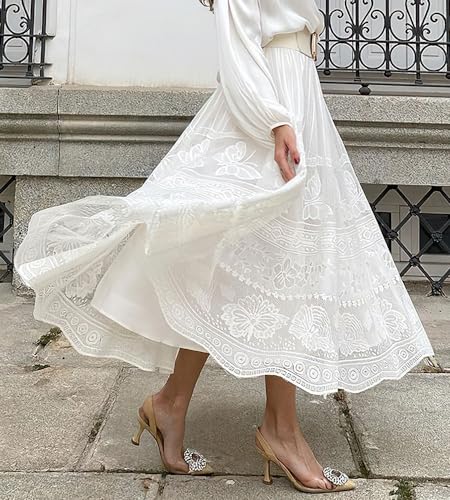 ebossy Women's Elegant Lace Tulle Skirt High Waist A-line Swing Prom Party Long Skirt with Liner3