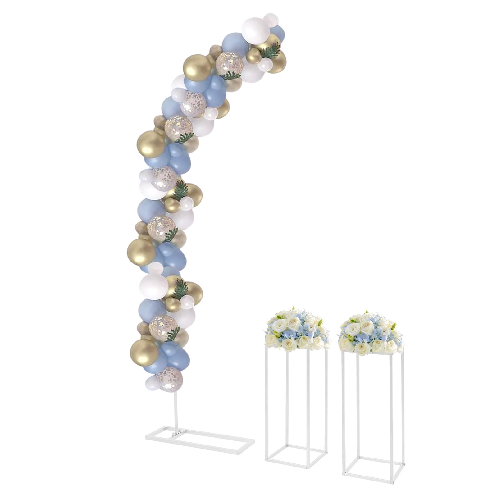 Ballonbogen Set, Hochzeitsbogen 2m + 2 Stück Blumenständer, Geburtstagsdeko Luftballon Ständer Verlobung Deko Säulen DIY-Spaß Dekowand Metall, für Jubiläum Braut Floral Stand Dekoration (Weiß)