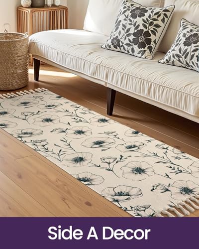 Image of SAGON 2x5 Ft Printed Runner Carpet - Cotton Bedside Rug for Bedroom & Living Room (Black Blossom)