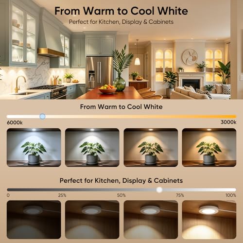 Image of VST Smart Puck Lights, 6 Pack, 3000K-6000K DimmableUnder Cabinet&Shelf Lighting, Compatible with Alexa&Google Home, App&Remote Control, 12V 2W, Recessed /Surface Mount, White for Kitchen Display Case
