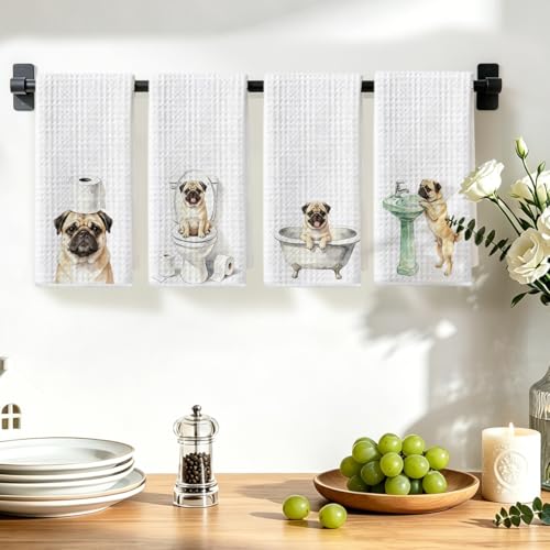 Image of Hanamiya Na 4 Pcs Funny Pug Bathroom Hand Towels 24x14 Inch, Pug Gifts Absorbent Microfiber Dish Cloth Towel, Pugs Mom Gifts Waffle Weave Hand Towels for Toilet Home Dog Bathroom Decor