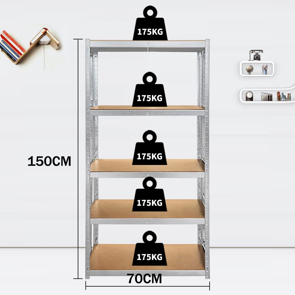 Scaffalatura per garage a 5 ripiani, resistente, 150 x 70 x 30 cm, in metallo, capacità 875 kg, montaggio senza bulloni, versatile, per officina, cucina, soggiorno, scaffali multiuso