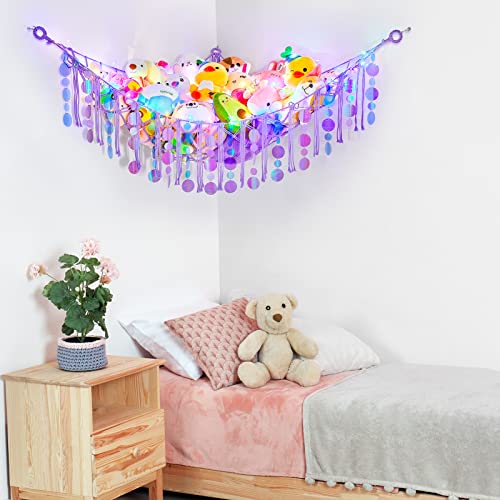 Image of FIOBEE Stuffed Animals Hammock Net Toy Storage Organizer with LED Light, Stuffed Animals Storage Girls Room Decor Wall Hanging with Sequins for Kids Bedroom Nursery Playroom, Purple