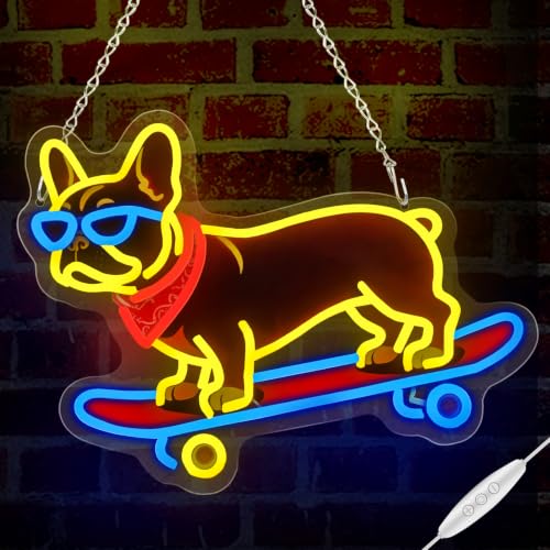 Image of French Bulldog Skateboarding Neon Sign, Skateboard Dog Frenchie Wearing Glasses Neon Signs | Dimmable LED Bulldog Wall Art Decor | Frenchie Dog Lover Gifts