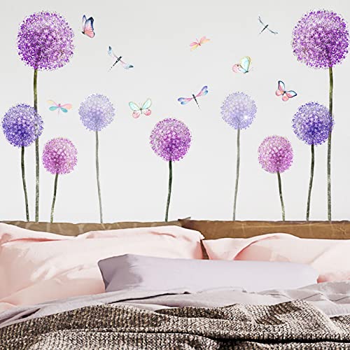 Dandelion Wall Decals Flying Violet Flowers Butterflies Wall Stickers Removable Peel And Stick Diy Art Vinyl Mural For Classroom Kids Bedroom Bathroom Nursery Kitchen Wall (Multicolor-A, One Size) #TOP1