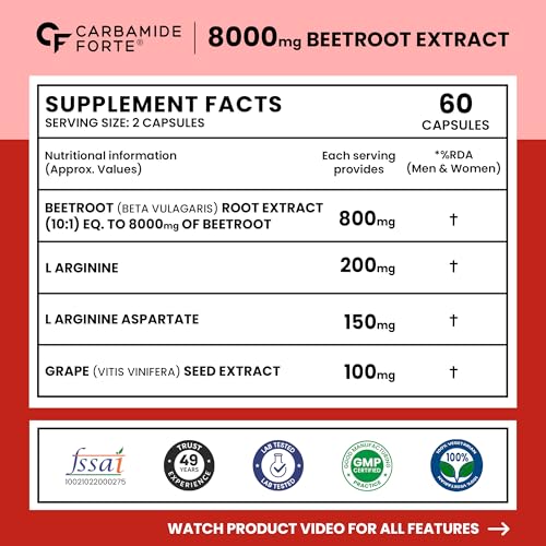Image of Carbamide Forte Beetroot Capsules Extract 8000mg | Beetroot Supplement With L-Arginine & Grape Seed Extract | Supports Healthy Blood Flow, Energy, & Nitric Oxide | 60 Capsules