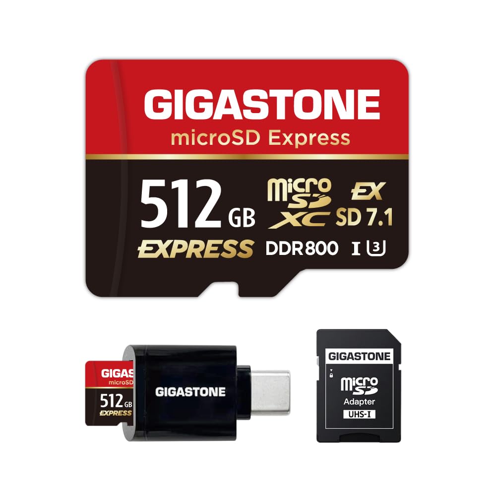 【Diseñada para Switch 2】GIGASTONE 512GB microSD Express R/W 880/650MB/s, Memoria SDXC 2.0 3.0 5.0 7.1 UHS-I UHS-II, Cámara de Acción Dron, V30 Adaptador SD y Lector USB-C【5 Años Recuperación de Datos】