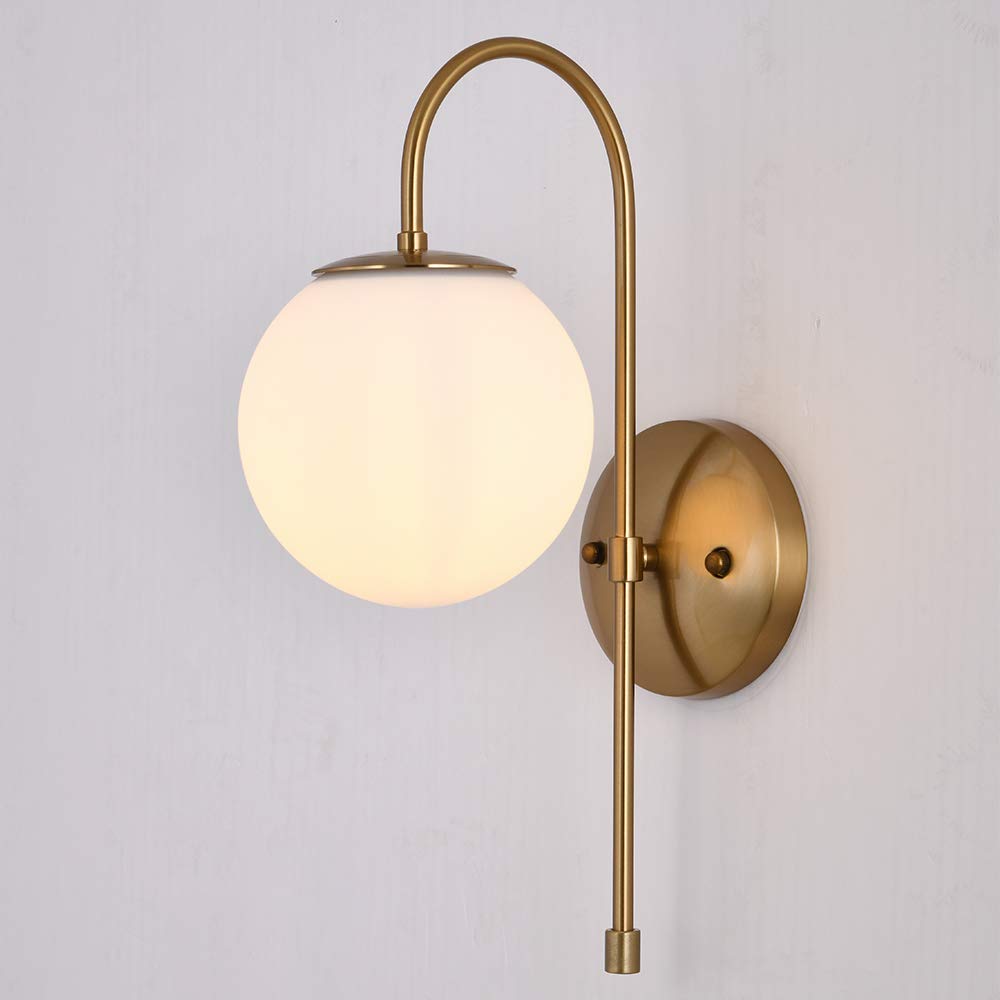 Mid Century Modern Wall Sconce, Gold Globe Frosted Glass Shade Wall1 Lamp, Art Deco Wall Mounted Light Fixture for Living Room, Bedroom, Hallway