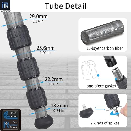 Carbon Fiber Tripod-INNOREL RT75C Super Professional Tripod Monopod Heavy Duty Stand Support Low Gravity Center 360°Panoramic ballhead for Digital DSLR Camera Black by INNOREL - Used condition - Image 3