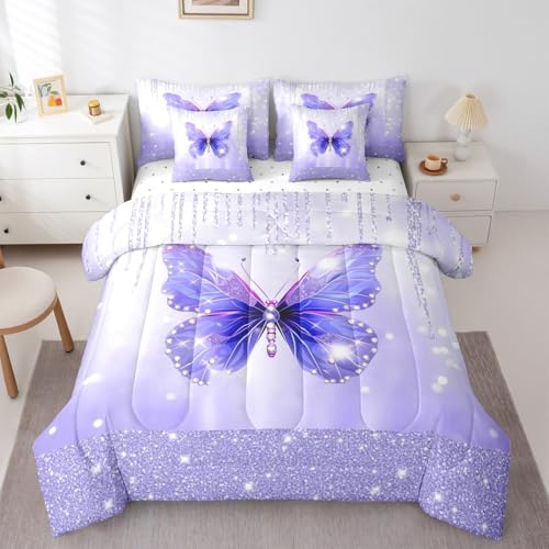 Image of Feelyou Butterfly Comforter Set with Sheets 7 Piece Twin Size Dreamy Princess Bedding Set for Kids Boys Girls Glitter Bed in a Bag Watercolor Butterflies Room Decor Soft Lightweight Microfiber