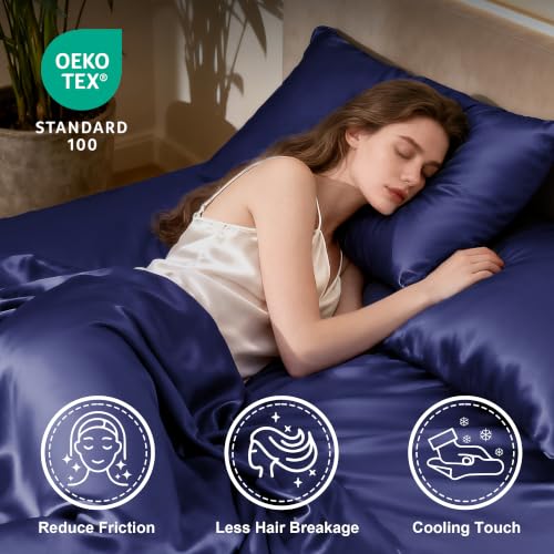 Love's cabin Satin Twin XL Sheets Set, 3 Pieces, Navy Blue, 15" Deep Pocket by Love's cabin - Used condition - Image 3