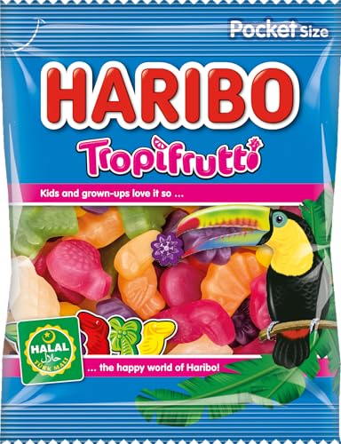 HARIBO Halal Tropifrutti 100g Pocketsize Fruit Flavour Gums Halal Gummy Sugar Candy Sweets
