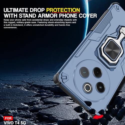 Image of AESTMO Armor Back Cover for Vivo T4 5G / iQOO Z10 5G | Ring Holder & Kickstand & Camera Protection in-Built | 360 Degree Protection Back Case Cover (Blue)