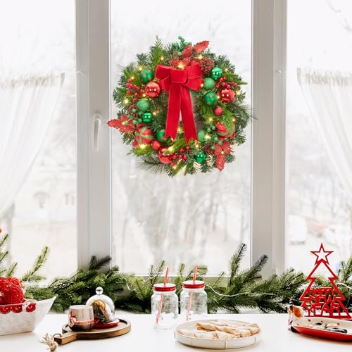 GarveeHome Pre-Lit Christmas Wreath for Front Door, 22 Inch Large Outdoor Christmas Wreath, Battery Operated Lighted Xmas Wreath with Red Green Balls Velvet Ribbon for Fireplace Window Wall Decor