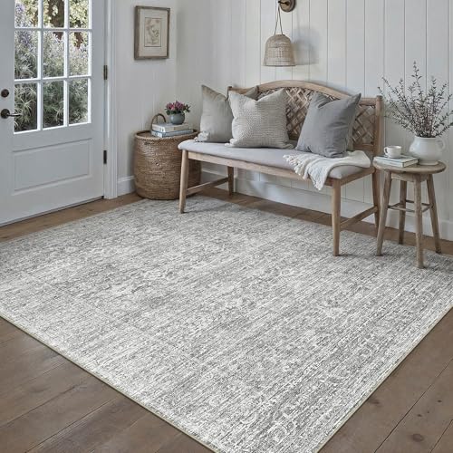 PureCozy Vintage Teppich Wohnzimmer 140x200cm Grau Schlafzimmer Wohnzimmerteppich Waschbarer rutschfest Carpet Boho Bettvorleger Esszimmer BüRo Weich Kurzflor Groß Teppiche Akzent Grau 140 x