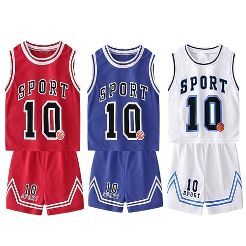 Image of Toddler Kids Sports Shorts Set Baby Boys Girls Basketball Jersey Outfit Tracksuit Tank Top Mesh Track Shorts (3Set(Blue /White /Red), 18 Months)