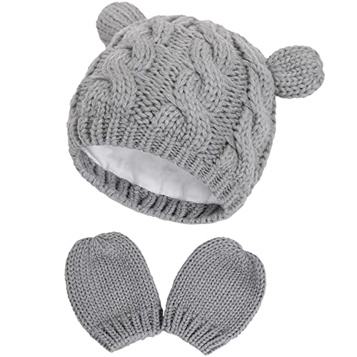 Taidor Ensemble bonnet et moufles d'hiver pour nouveau-né et tout-petit - Ensemble bonnet tricoté chaud pour filles et garçons, gris, 6-18 mois Cover