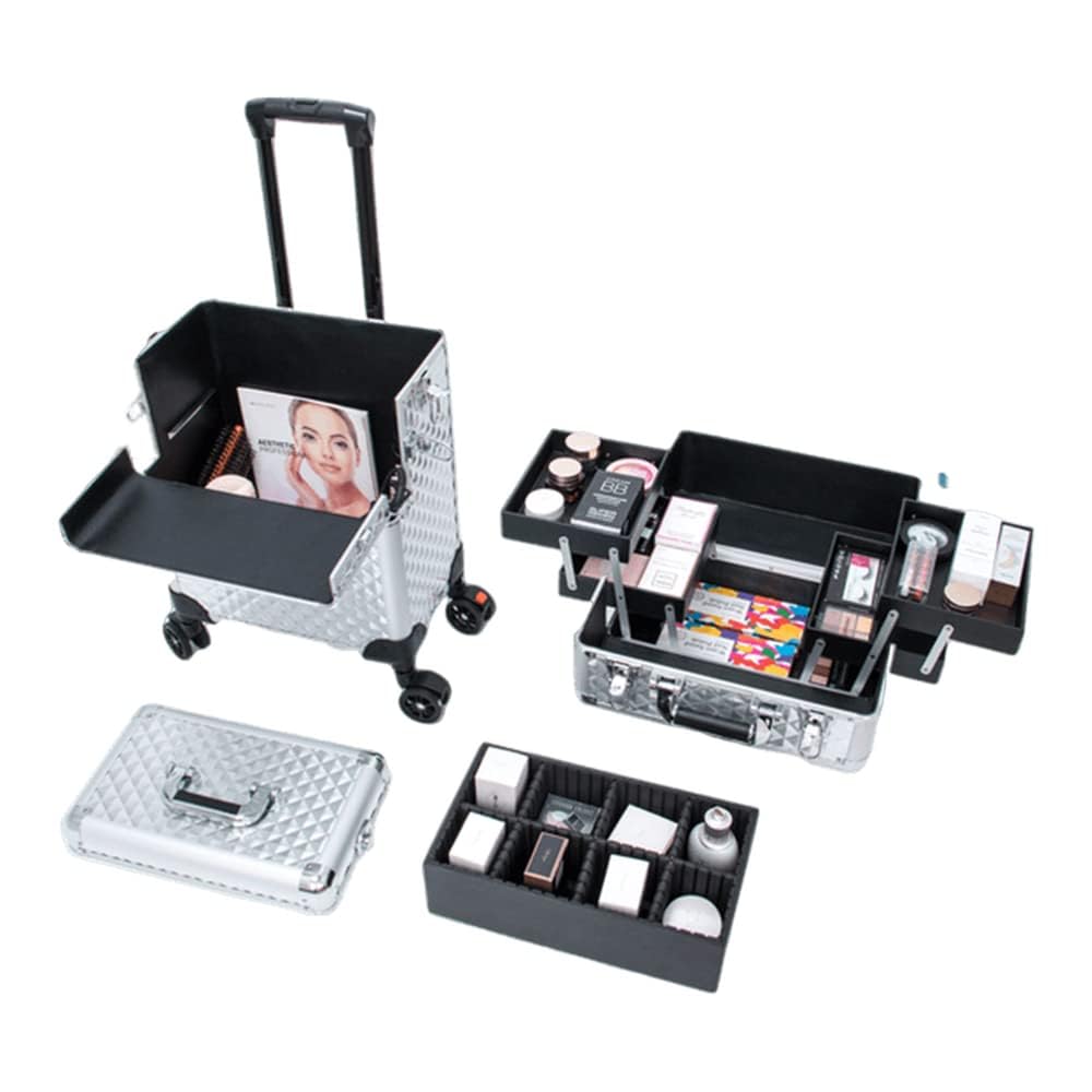 FOLELLO 3-in-1 Marvel Rolling Professional Multifunctional Makeup Travel Vanity Case | Aluminum Trolley Vanity Salon Station (Diamond Cut- Silver) - Image 3 thumbnail