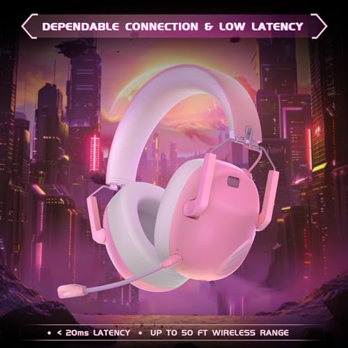Wireless Gaming Headset for PS5, PS4, PC, NES, Bluetooth 5.3 Gaming Headsets Wireless with Noise Canceling Microphone, Gamer Headphones for Nintendo Switch, 50H Battery - Pink - Image 3