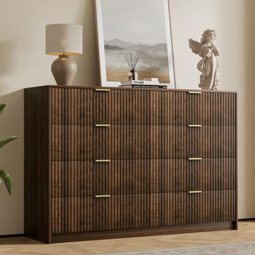 Image of Furniway Walnut Dresser for Bedroom, Modern Dresser with 8 Drawers and Smooth Slides, Wide Chest of Drawers with Golden Handles for Bedroom, Closet, 15.7 inch D x 55 inch W x 37.4 inch H