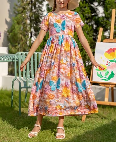 RONGTAI Girls 3D Dress for Girls Printed Short Sleeves Casual Summer Dresses with Pockets for 4-15Y Kids Outfits4