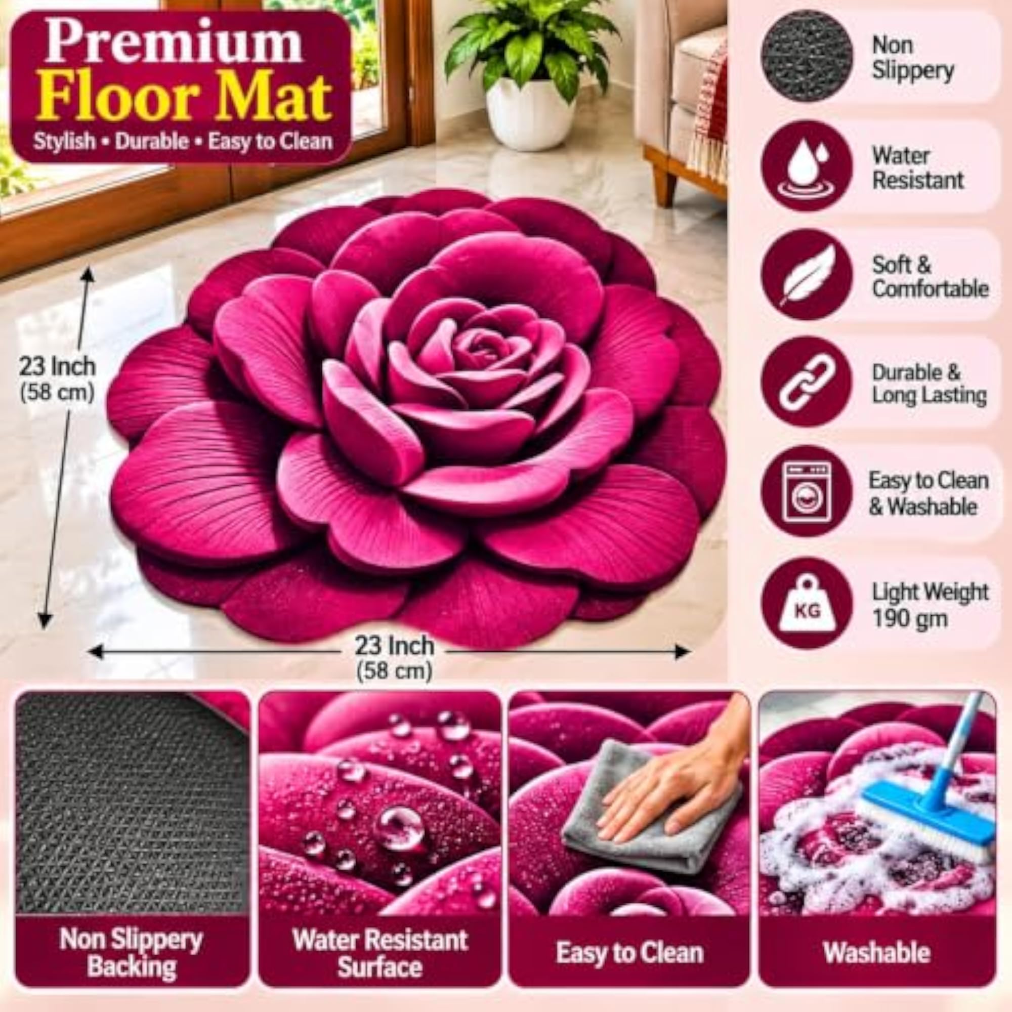 Rose Shape Anti-Slip Washable Floor Mat
