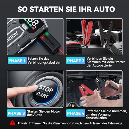 ACEZUK Starthilfe Powerbank 6000A (Bis Zu 7,0L Benzin Oder 5,5L Diesel) Auto Starthilfe mit LED-Taschenlampe, großen Bildschirm